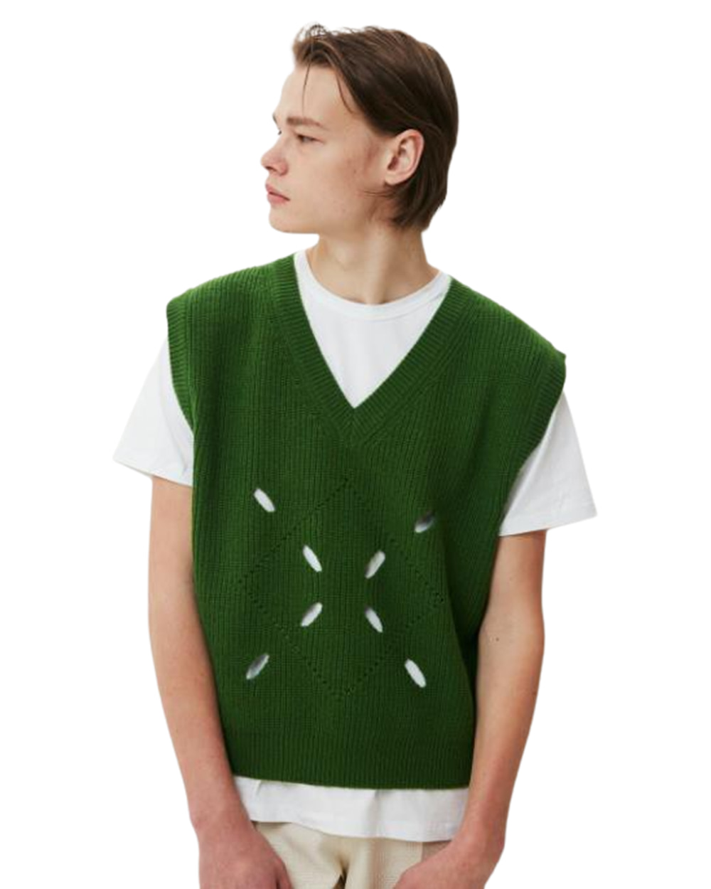 문선 UNISEX, Argyle Hole Knit Vest (Green)