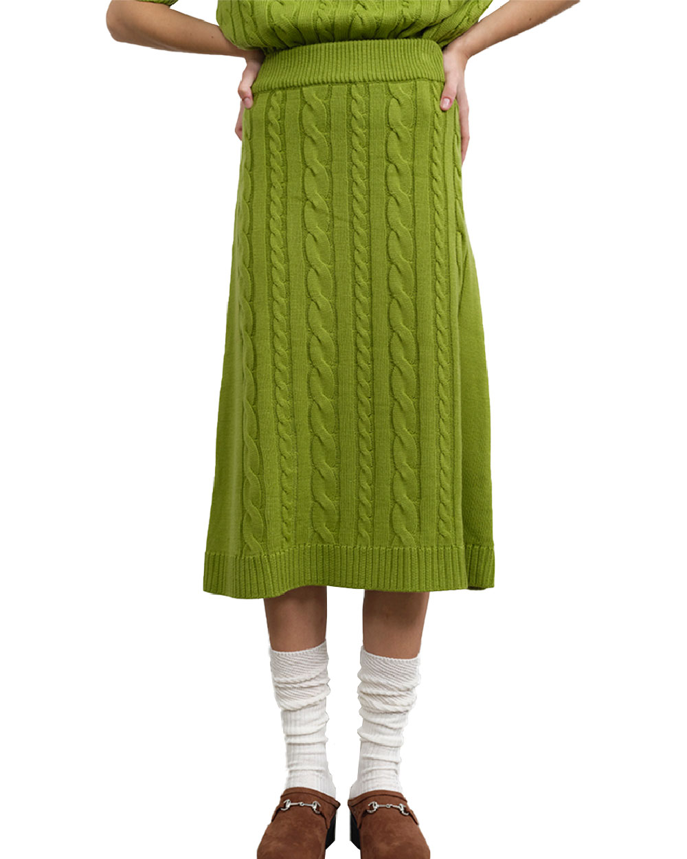 ROCKET X LUNCH R cable mix knit skirt (Yellowish green)