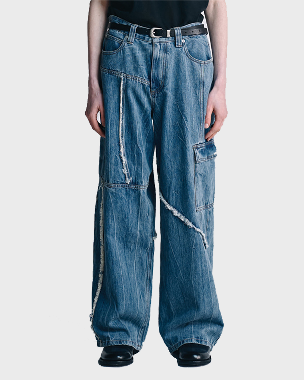 노운 Unbalance wide denim pants (Mid blue)